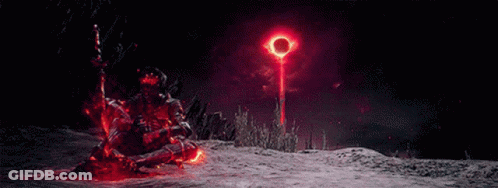 Skeleton With Sword Kneeling Before Red Light GIF