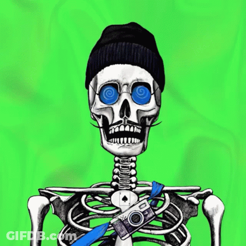 Skeleton With Unicorn Horn Holding Flower In Mouth GIF