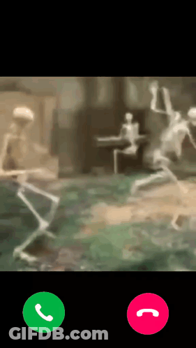 Skeletons Are Dancing On A Video Call With A Green And Red Button GIF