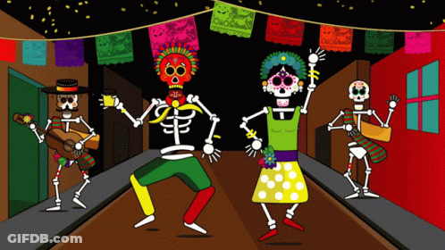 Skeletons Dancing In Front Of Dia De Los Muertos Banner GIF