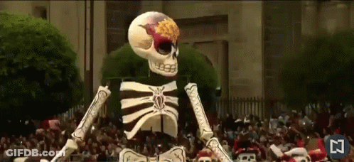 Skeletons Dancing In Front Of Dia De Los Muertos Banner GIF