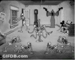 Skeletons Dancing With Ghost In Background GIF