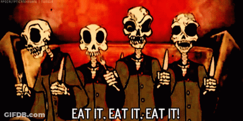 Skeletons Holding Knives And Forks Saying Eat It GIF