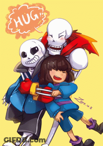 Skeletons Hugging Girl With Speech Bubble GIF