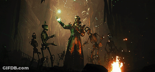 Skeletons Standing Around Man Holding Glowing Object GIF