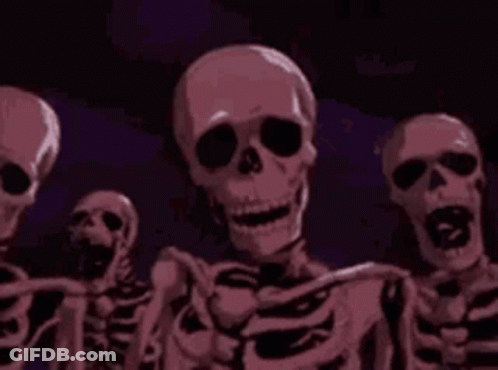 Skeletons Standing In Dark Room Smiling GIF
