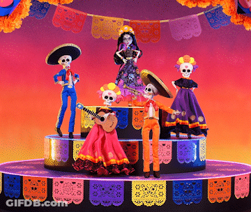 Skeletons Standing On Podium With Paper Flags GIF