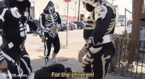 Skeletons Standing On Sidewalk Saying For The Children GIF