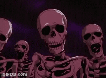 Skeletons With Mouths Open In Dark Room GIF