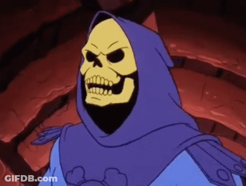 Skeletor From The Masters Of The Universe Is Wearing A Blue Robe And Hood GIF