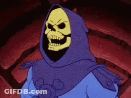 Skeletor From The Masters Of The Universe Is Wearing A Purple Cape And Hood . GIF