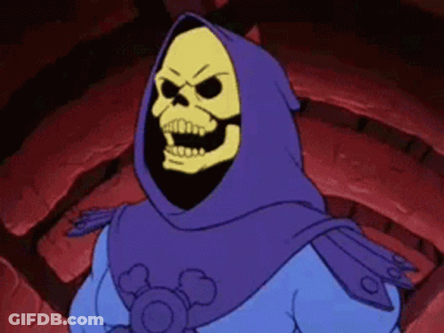 Skeletor From The Masters Of The Universe Is Wearing A Purple Hooded Cape . GIF