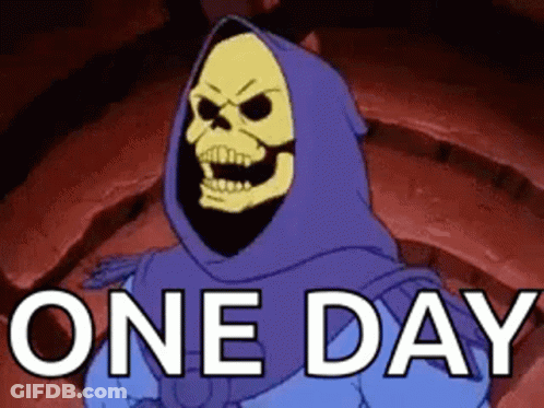 Skeletor From The Masters Of The Universe Is Wearing A Purple Hooded Jacket And Says `` One Day '' . GIF