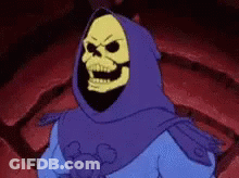 Skeletor In Purple Hooded Cape And Blue Shirt GIF