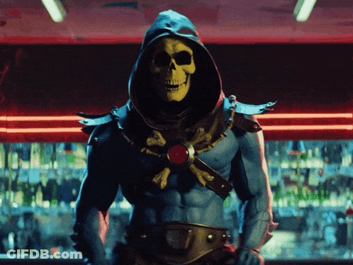 Skeletor Standing In Front Of Bar With Red Light GIF