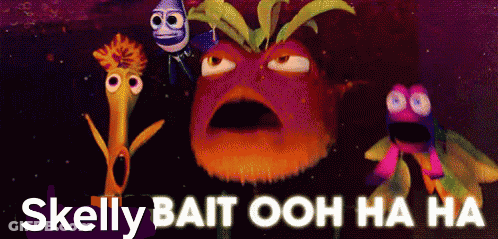 Skelly Bait Ooh Ha Ha Written On A Poster With Cartoon Characters GIF