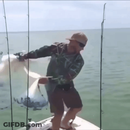 Skiff Guy Throws Net And Gets Thrown Also GIF