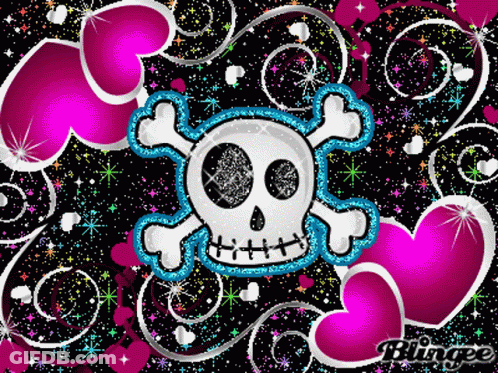 Skull And Crossbones Surrounded By Pink Hearts And Swirls GIF