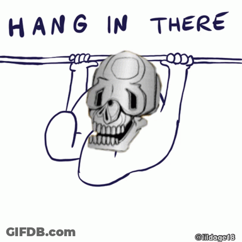 Skull Hanging On Bar With Hang In There GIF