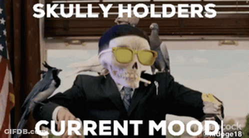 Skull In Suit And Tie Surrounded By Birds With Current Mood GIF