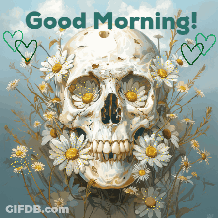 Skull Surrounded By Daisies Saying Good Morning GIF