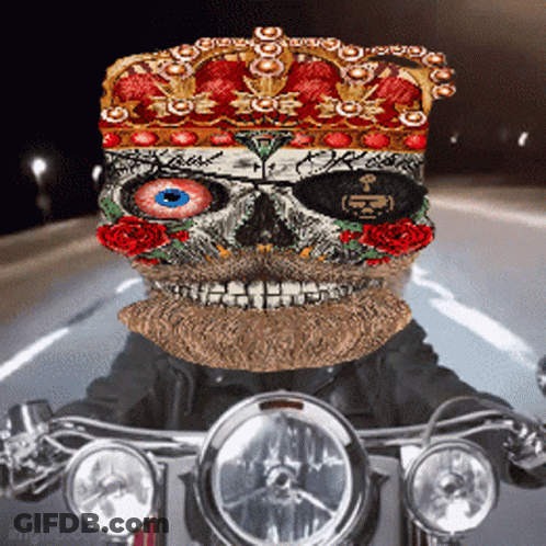Skull With Beard And Crown Riding Motorcycle GIF