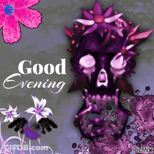 Skull With Purple Flowers Saying Good Evening GIF