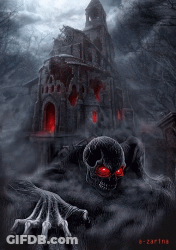 Skull With Red Eyes Crawling In Front Of Castle GIF