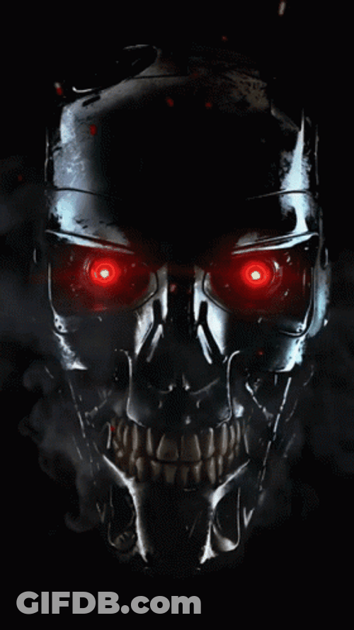 Skynet Face Up Close With Red Eyes GIF