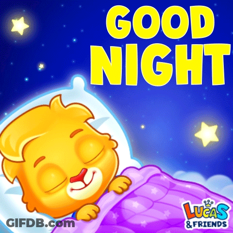 Sleeping Cartoon Lion In Bed Saying Good Night Lucas & Friends GIF