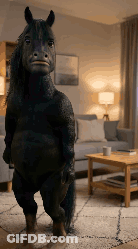 Small Black Horse Standing Beside Couch GIF