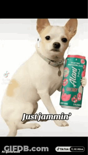 Small Dog Holding Energy Drink Can GIF