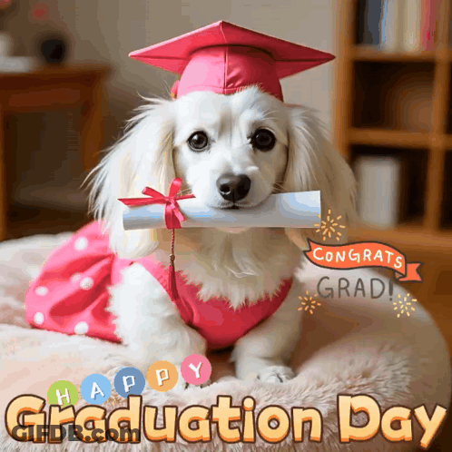 Small Dog In Graduation Cap And Gown GIF