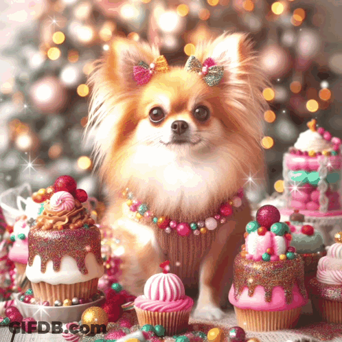 Small Dog With Bow Next To Cupcakes GIF