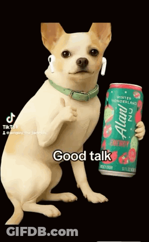 Small Dog With Ear Buds Holding Energy Drink Thumbs Up GIF