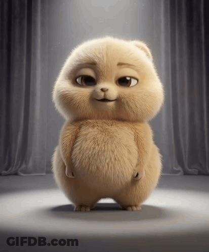 Small Furry Animal Standing In Front Of Gray Curtain GIF