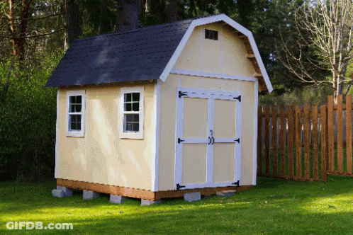 Small Shed With Black Roof And White Trim In Grass GIF