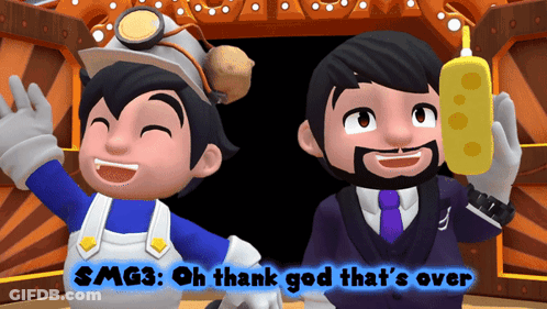 Smg3 : Oh Thank God That 'S Over Is Displayed On A Screen GIF