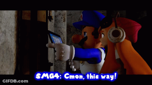 Smg4 : Gmon This Way Written On A Screen With Two Cartoon Characters GIF