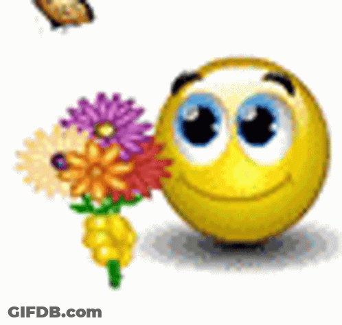 Smiley Face Holding Bouquet Of Flowers With Butterfly GIF