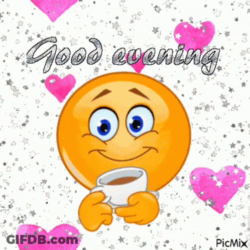 Smiley Face Holding Cup Of Coffee Saying Good Evening GIF