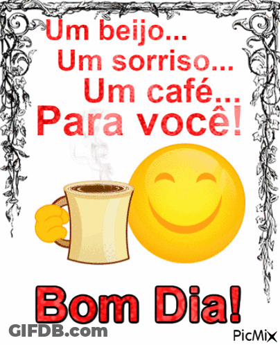 Smiley Face Next To Coffee Cup Saying Bom Dia GIF