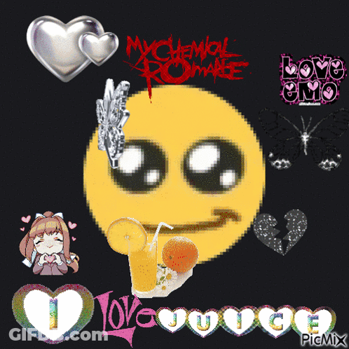 Smiley Face Surrounded By Hearts Butterfly And My Chemical Romance Logo GIF