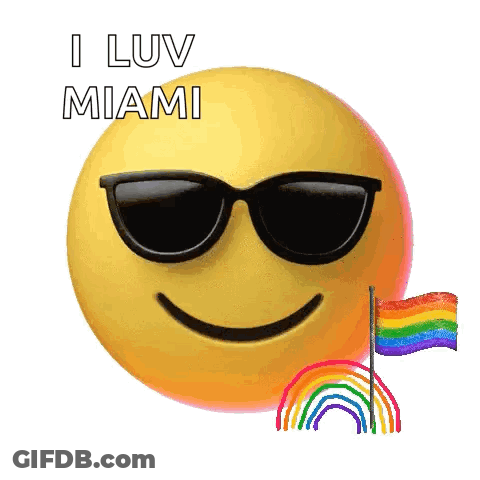 Smiley Face Wearing Sunglasses Says I Luv Miami Next To Rainbow Flag GIF