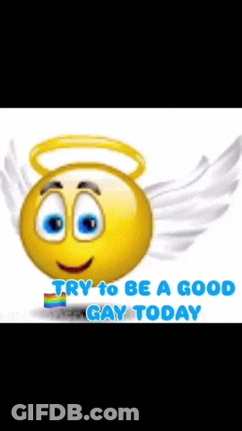 Smiley Face With Angel Wings And Rainbow Flag Says Try To Be A Good Gay Today GIF