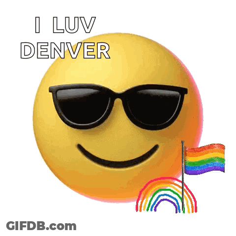 Smiley Face With Sunglasses And Rainbow Flag Says I Luv Denver GIF