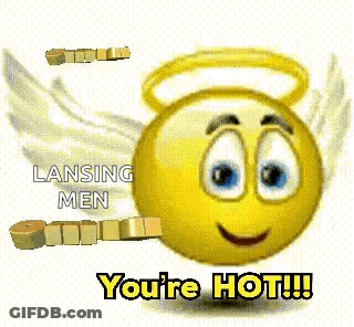 Smiley Face With Wings And Halo Says Lansing Men Omtg You're Hot GIF