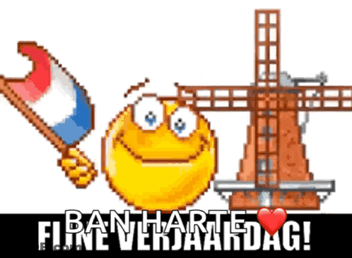 Smiley Holding Flag Next To Windmill Ban Harte Fijne Verjaardag GIF