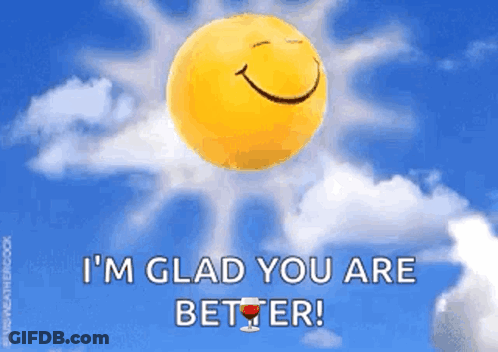 Smiley Sun Floating In Sky Saying I'm Glad You Are Better GIF