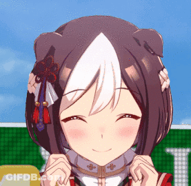 Smiling Anime Girl With White Hair Stripe GIF